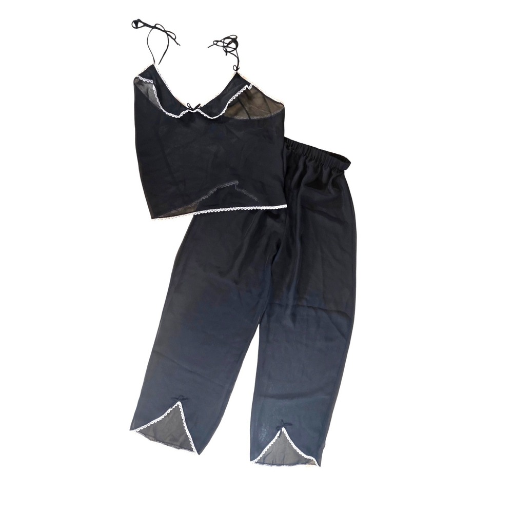 Classics Vintage Pajama Set Women M Black  Sheer Lace Trim‎ Cami Crop Pants